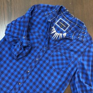 Express blue plaid studded collar button up shirt